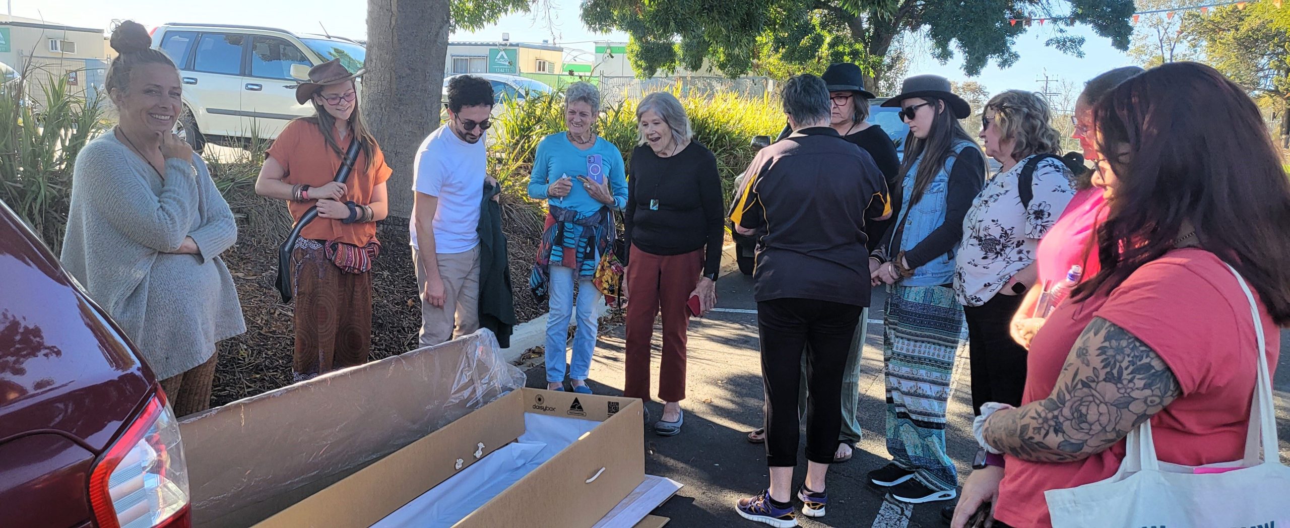 Daisy Box eco-coffin in carpark of Wirra Wonga Natural Burial Ground Eco Coffin Project 2021