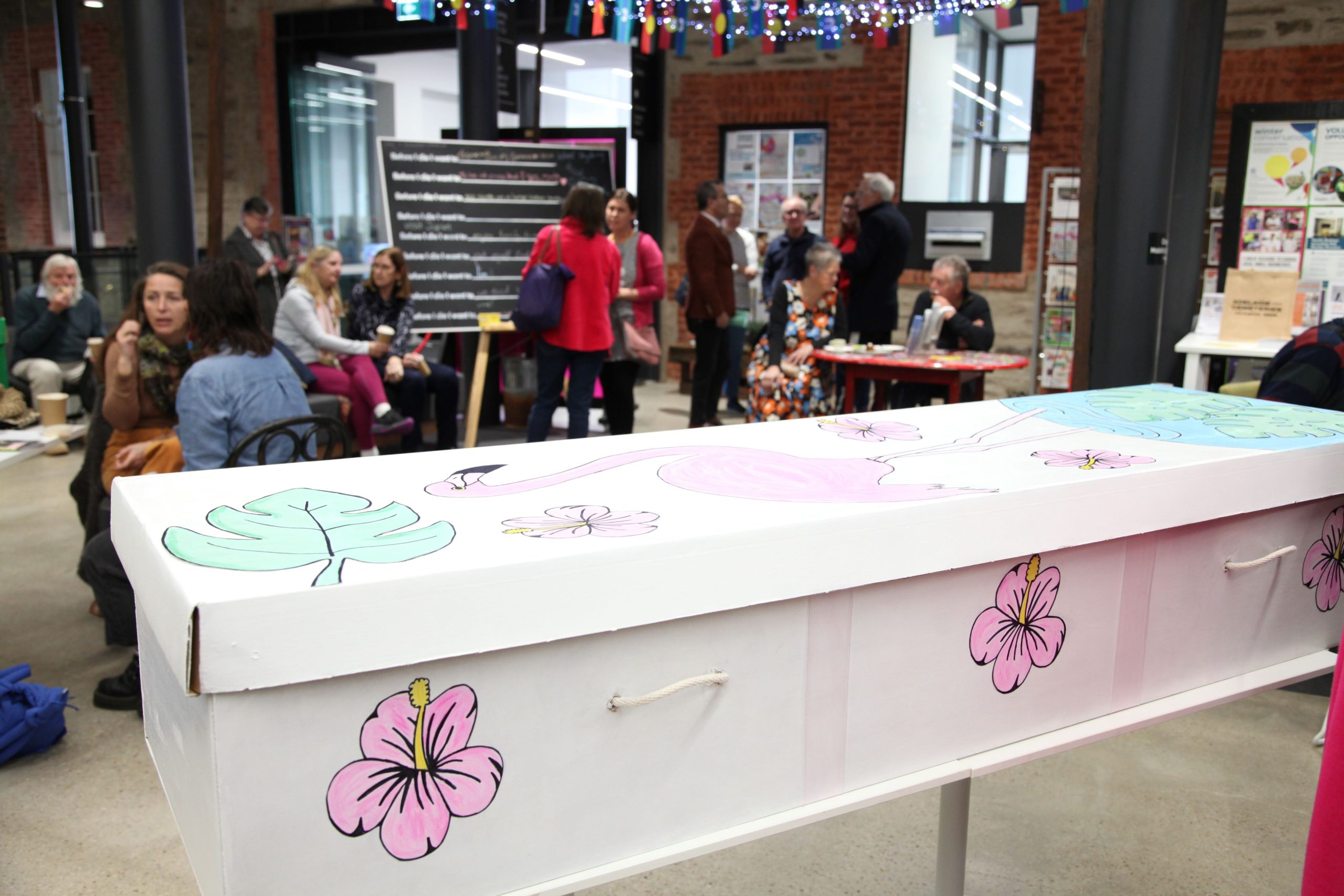 eco-coffin on display at exhibition opening