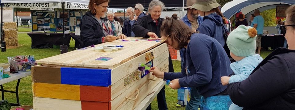 Launch of the Eco Coffin Project at the Gawler Sustainable Living Festival 2019 where the public decorated a biodegradable homemade coffin