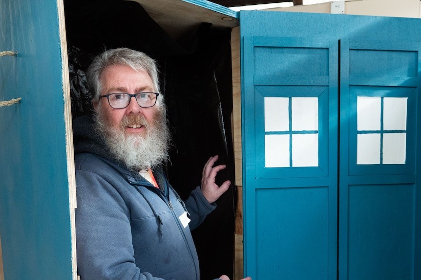 Justin Martin and his Dr Who Tardis coffin at the Community Coffin Club in Ulverston Tasmania