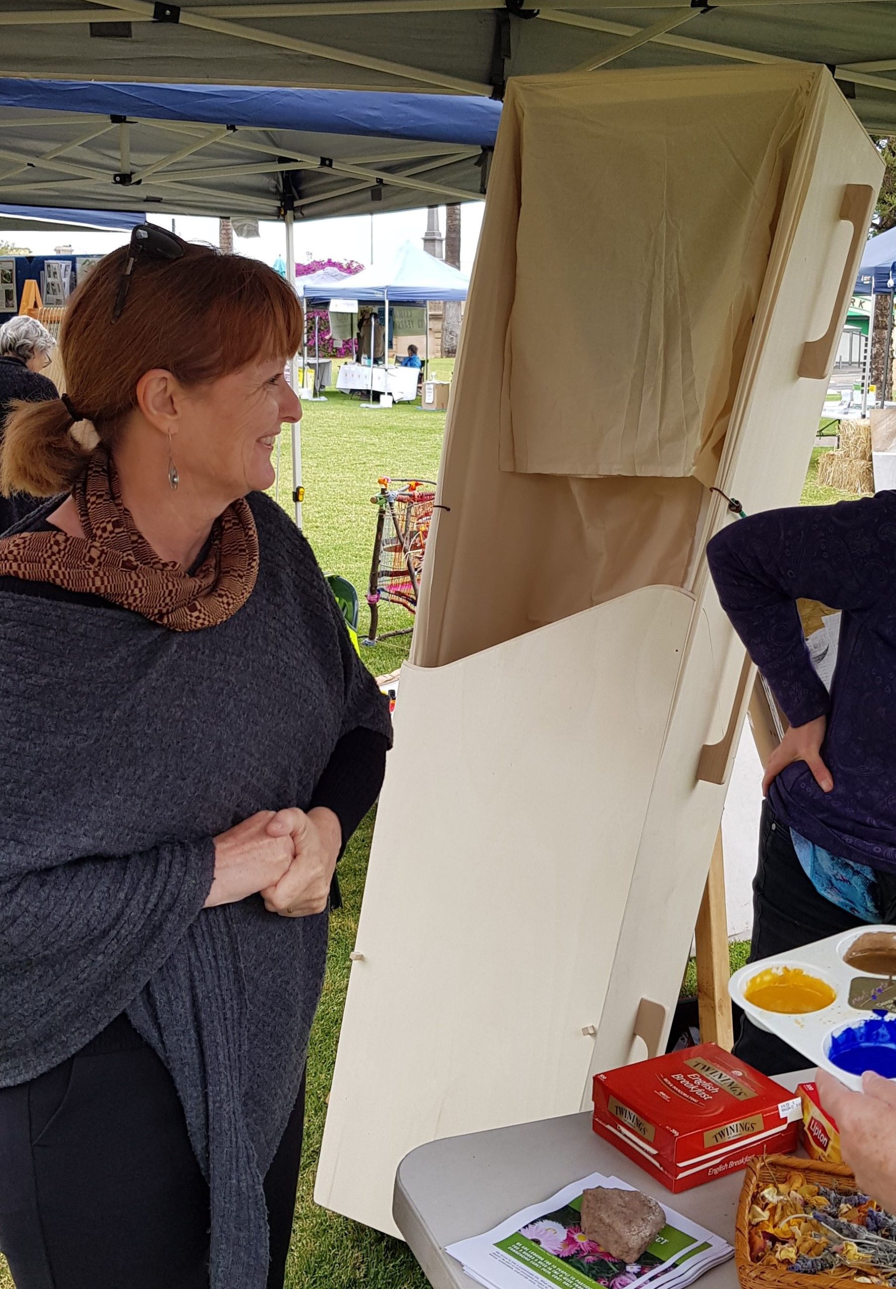 Coffin-in-a-box assembled and on display during the Eco Coffin Project launch at the Gawler Sustainable Living Festival 2019